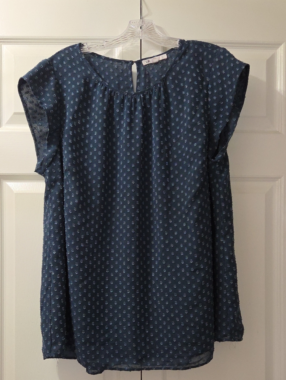 DR2 Navy Swiss Dot Cap-Sleeve Flowy Blouse Yop, Size 1X